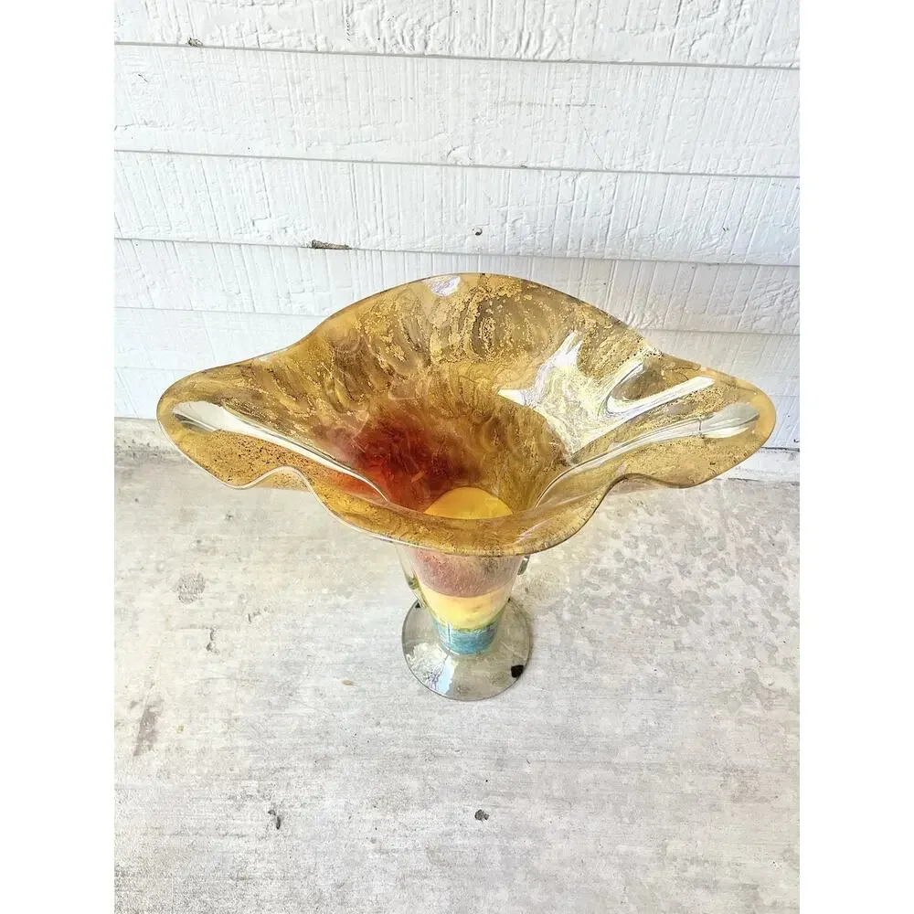 1970s Vintage Murano-Style Handblown Encased Flared Amber Teal Trumpet Vase 17”